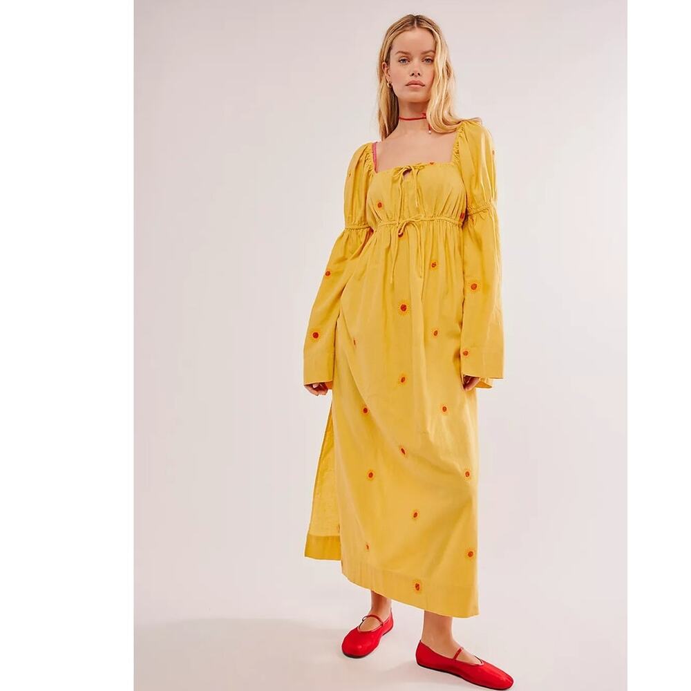NWT Free People Emory Embroidered Midi Dress $168 SMALL Yellow